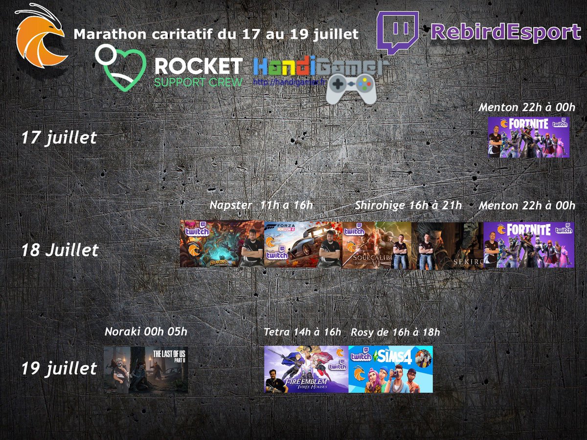 RebirdEsport's tweet image. 👇il est là👇

le planning #twitch du  #marathoncaritatif en faveur de @Handigamers organiser par @PrawnyTv !! 

Rebird est fière de participer à cet événement pour aider les joueurs handicapés 👨‍🦼 

Venez nombreux !! #NSTG #Handicap #Gamer 

twitch.tv/rebirdesport