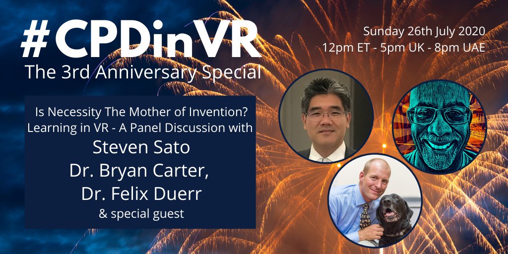 #CPDinVR 3rd anniversary event! I'll be hosting a panel discussion featuring Dr. Bryan Carter of the University of Arizona &amp; Dr. Felix Duerr of Colorado State University. Register here: app.engagevr.io/events/zY33A/v…

IS NECESSITY THE MOTHER OF INVENTION? #LEARNING IN #VR #ARVRinEDU