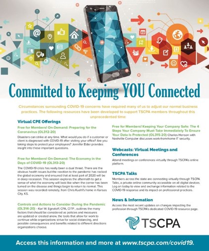 zjburt's tweet photo. COVID-19 Response Materials @TSCPA #intchg20 #connectionscenter https://t.co/I9uF4FIyZh