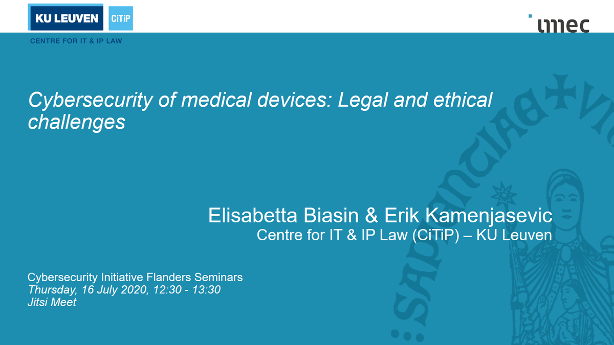 Today, our Partner <a href="/CiTiP_KULeuven/">CiTiP KU Leuven</a> (<a href="/bisilisib/">Elisabetta Biasin</a>) gave the online presentation "#CyberSecurity of #medical #devices : #legal and #ethical #challenges". 
#healthcare #protectionofcriticalinfrastructures