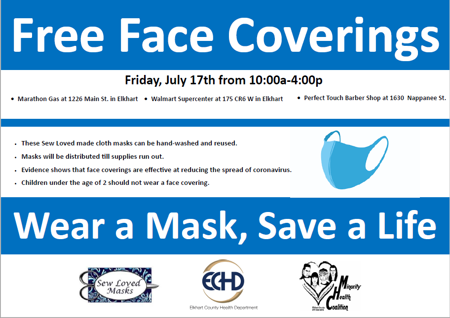 GoshenSchools's tweet photo. Free face coverings/masks will be given out at three locations in Elkhart tomorrow, Friday, July 17th from 10:00 a.m.-4:00 p.m. while supplies last. The masks may be washed and reused. See attached graphic for more details. #WashYourWings #CoverYourBeak https://t.co/zXPjsuTdGA