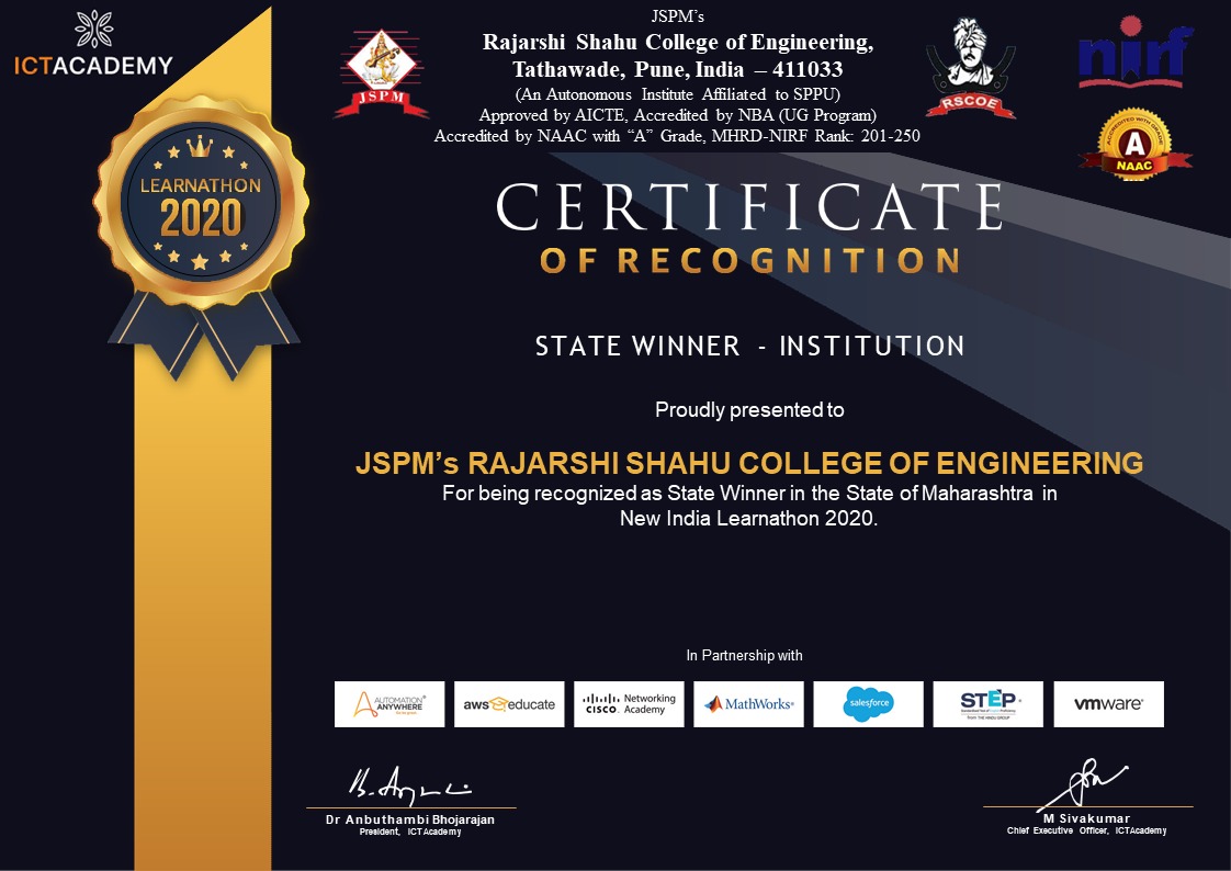 rscoe_official's tweet photo. JSPM's Rajarshi Shahu College of Engineering awarded as State Level Winner by ICT Academy in New India Learnathon 2020
#jspm #rscoe https://t.co/WfwNpJRxG5
