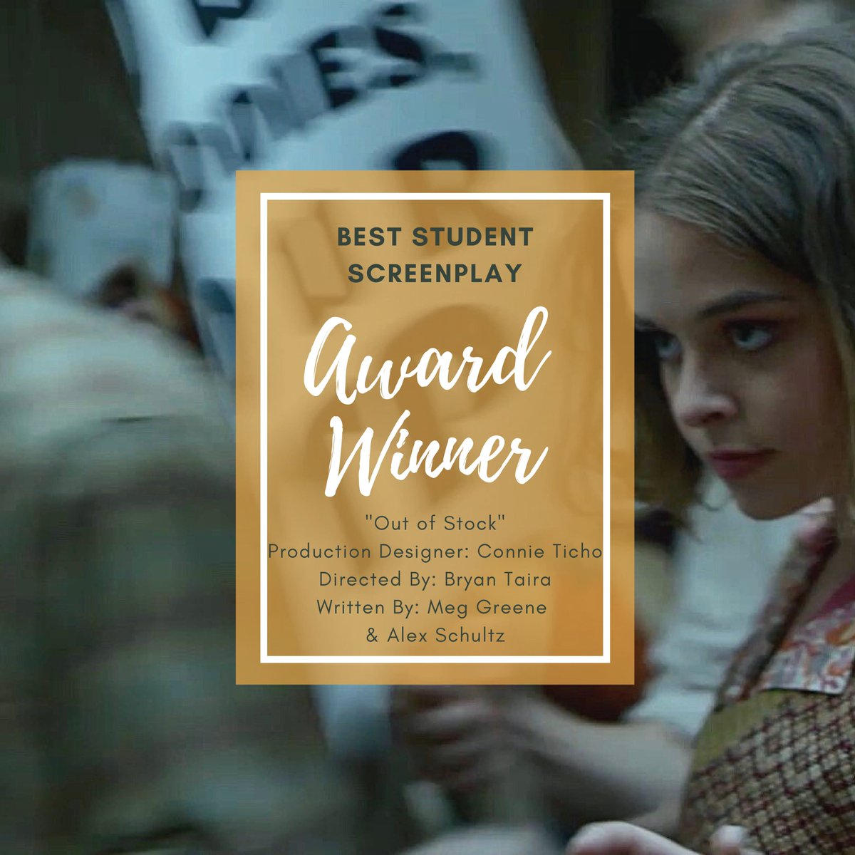 CoreFilmFest's tweet image. Congratulations to this year's Best Student Screenplay Award Winner: "Out of Stock"
Written By: Meg Greene &amp;amp; Alex Schultz
Directed By: Bryan Taira
Produced By: Mariah Hall