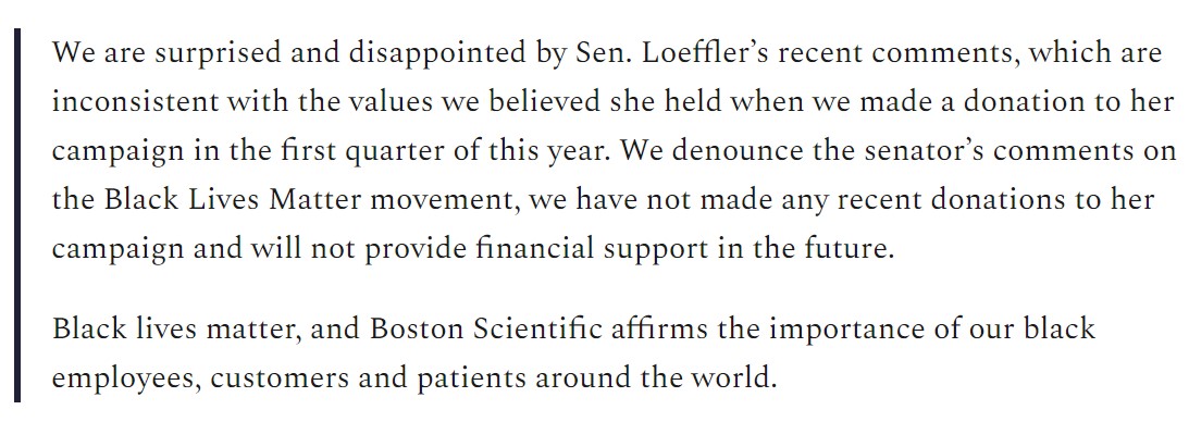 3. Boston Scientific ( @bostonsci) donated $2500 to Loeffler on March 31. But when asked for comment by Popular Information, the company denounced Loeffler's comments and said it would not support her moving forward. https://popular.info/p/kelly-loeffler-is-running-against