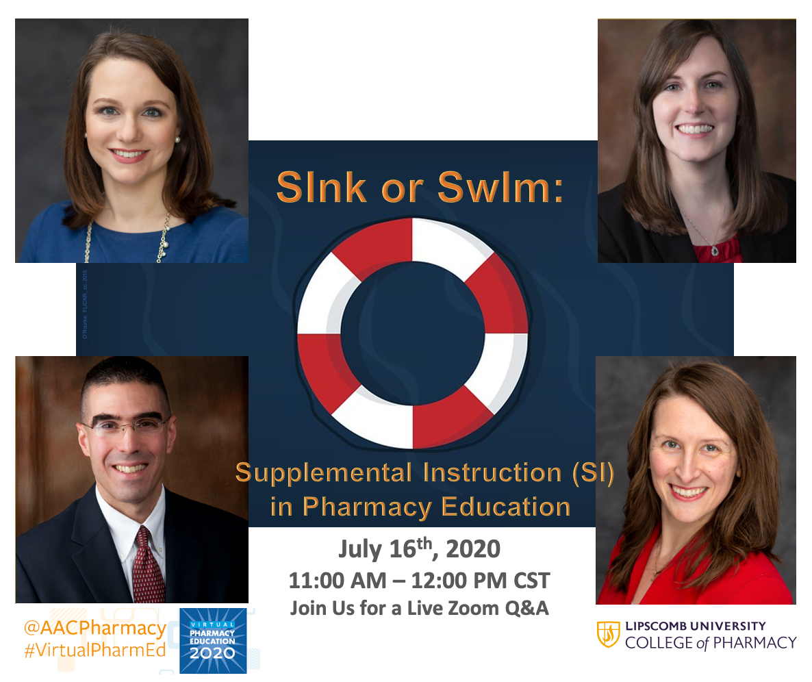 SarahPCollier's tweet image. Explore SI in #PharmEd with us TODAY at our #VirtualPharmEd mini-session! Live Zoom Q&amp;amp;A from 11a-12p CST [link in Pathable].

#supplementalinstruction #pharmacy #pharmacyschool #lipscombpharmacy #Rxfaculty