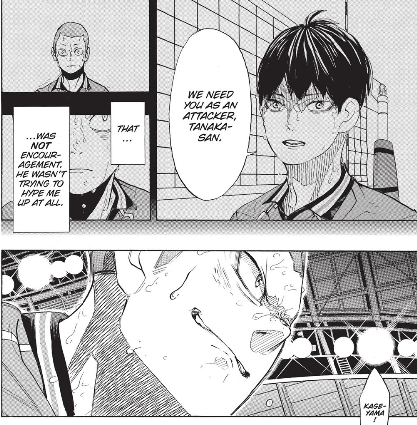 In contrast to Set 1 (left pic: wherein Tanaka confidently calls for the toss), Set 3 is when it's Kageyama who then trusts/expects from him (right pic).On Set 3, not only did we see Tanaka live up to Kageyama's trust and pressure on him