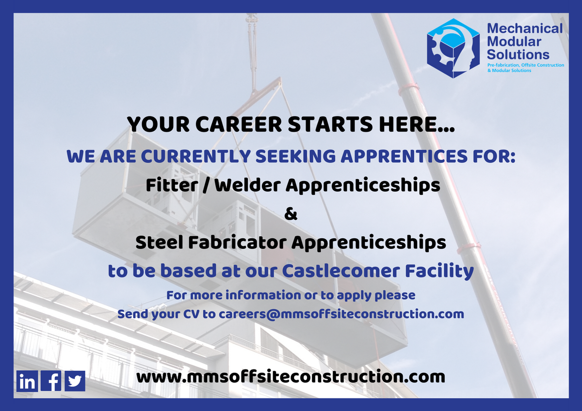 We're Hiring Apprentices and we want to hear from you! Please send your CV to careers@mmsoffsiteconstruction.com 

#mmsoffsiteconstruction #modularsolutions