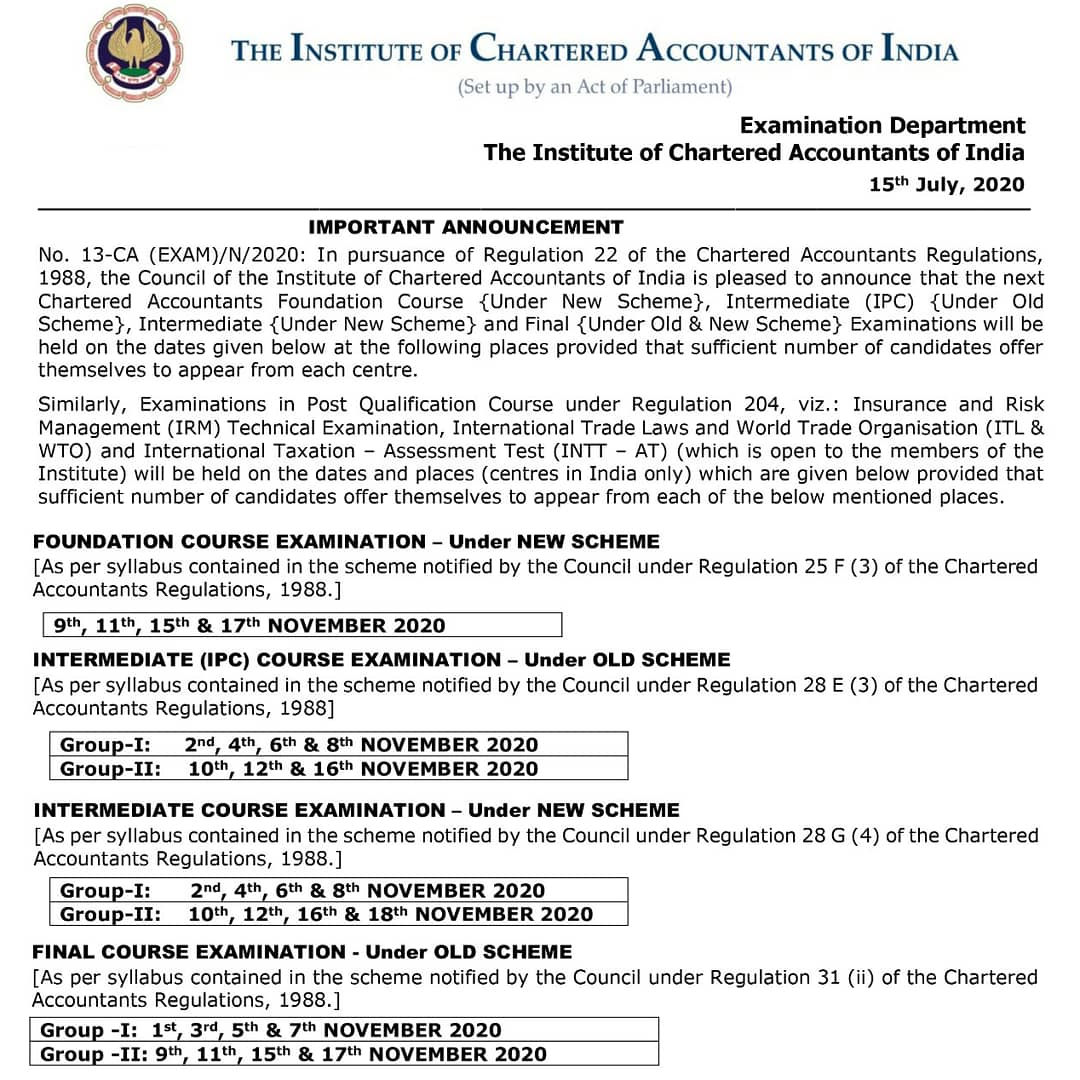 igpclasses's tweet photo. 📣 Important #Announcement, Nov'20 #CAExaminations
#CAExam Schedule Announced

#CAIPC #CAfoundation #CAintermediate #CAfinals #ICAInews #CAStudents #ICAI #igpclassesca #CAashishkalra #IGP https://t.co/NkCdw3Qj97