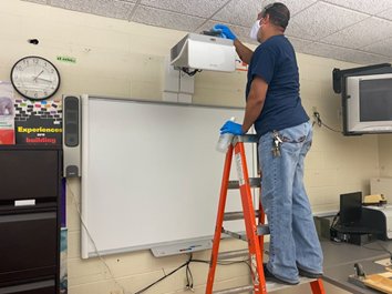 pvdschools's tweet photo. Our custodial staff is hard at work in every school building, sanitizing and disinfecting our classrooms for fall. The deep cleaning process includes applying EPA-approved, hospital-grade disinfectant as we sanitize every touchable surface in every occupiable space. #PPSDfall2020 https://t.co/5DDb8Ro1aD