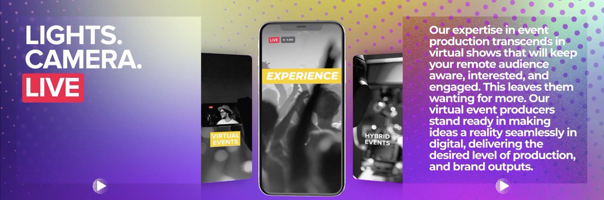 IndigitalPh's tweet photo. #InDigitalPH Service: EXPERIENCE
Your events need not stop. With events now online, brands get to reach a wider audience who are keen to engage in new ways. With this, there’s endless scope to re‑imagine your shows. That’s where we come in. Slide into our DMs to know more. https://t.co/yRgZGx7VmS