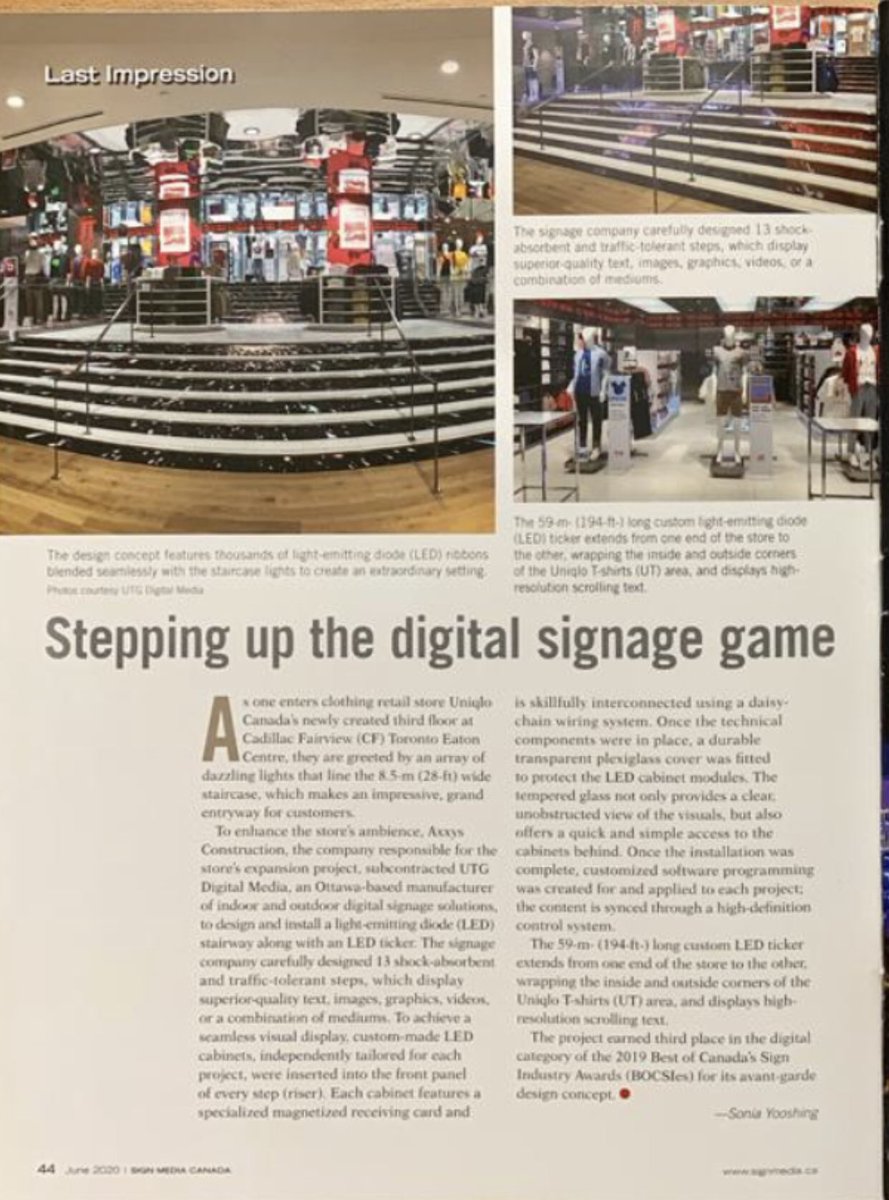 UTGDigitalMedia's tweet image. Thank you @signmediacanada for highlighting our #ledstairs &amp;amp; #ledticker project at @Uniqlo_Canada in @CFtoeatonCentre #toronto 👉🏼article can be found in #signmediacanada June 2020 edition! 
#digitalsignage  #digitalsignagesolution #ledsignage #ottawasigns #canadadigitalsigns