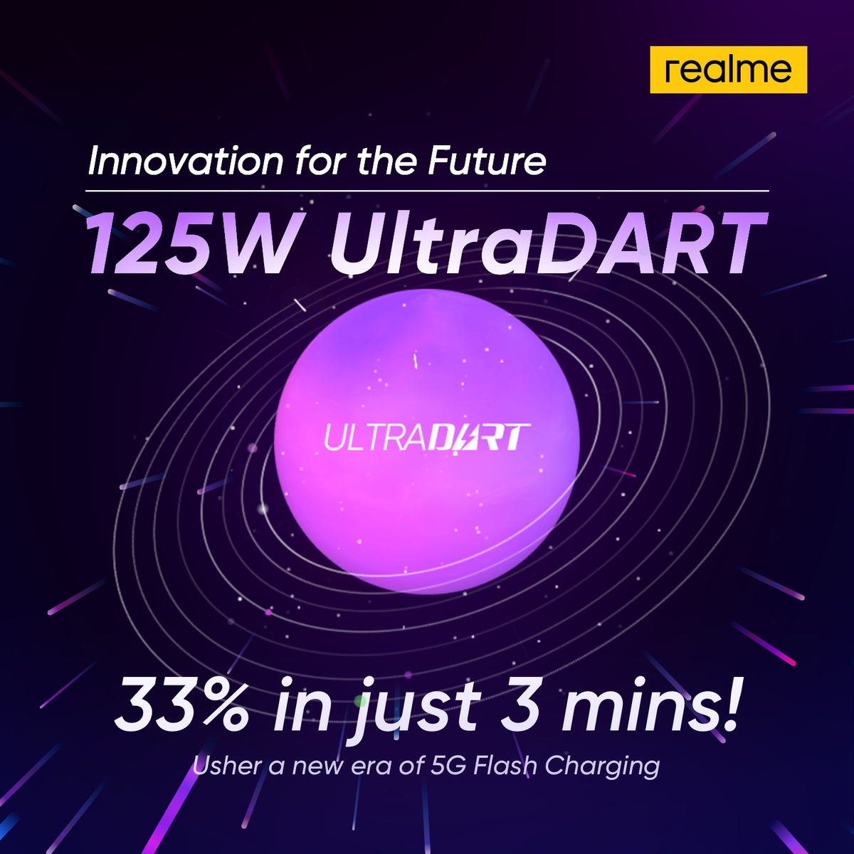 The newest innovation will bring out a breakthrough in Charging Technology!⚡️📱
Introducing the amazing 125W Ultra Dart Charge that can juice up to 33% in just 3 minutes!
See more as we continually #LeapTo5G!
#125WUltraDartCharge #realmePH
