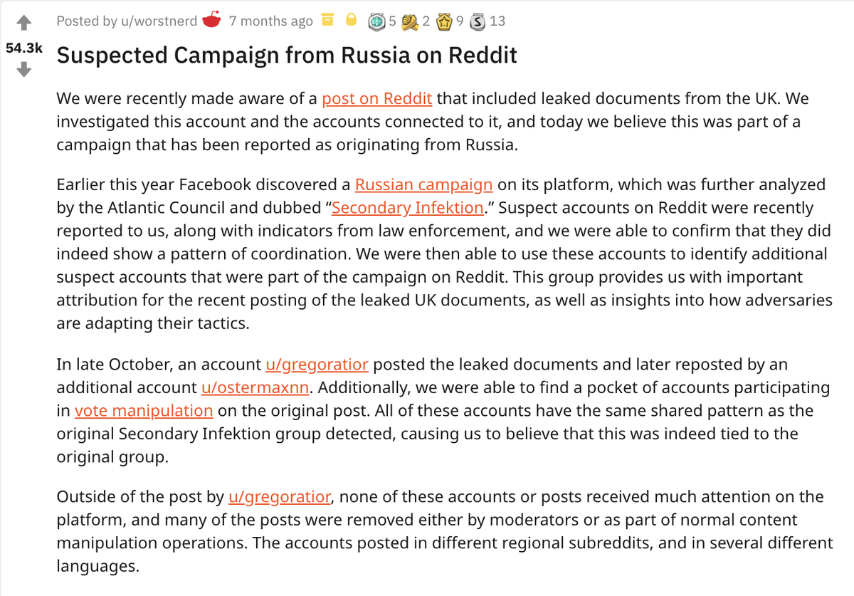 Reddit dug into the activity on their platform, and they concluded the accounts that did the leaking were "indeed tied" to Secondary Infektion.  https://www.reddit.com/r/redditsecurity/comments/e74nml/suspected_campaign_from_russia_on_reddit/