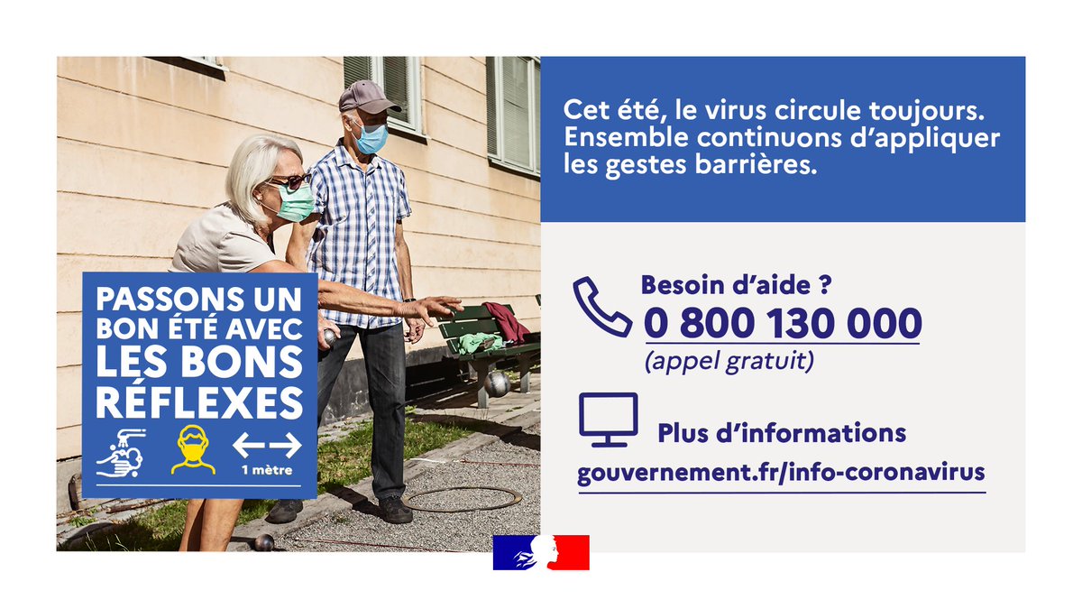 gouvernementFR's tweet photo. #COVID19 | Cet été, le virus circule toujours. Ensemble continuons d’appliquer les #GestesBarrières. ☀️

#BonÉtéBonsRéflexes https://t.co/Z94wNFveIm