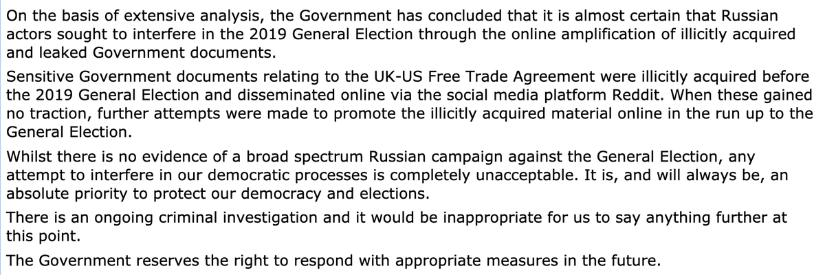 Now we have the UK government "almost certain" of the attribution to "Russian actors". Criminal investigation ongoing, and gov't "reserves the right to respond with appropriate measures". Still open questions: which Russian actors, and how were the docs obtained?