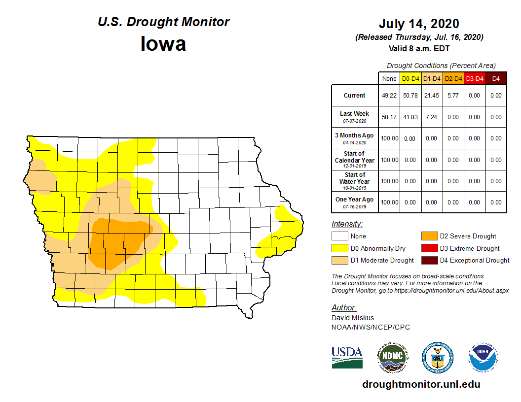 The latest drought monitor for Iowa places portions of west-central Iowa in severe drought. Some locations in this area have only received 1" of rain since late May! 

Details: nwschat.weather.gov/p.php?pid=2020…