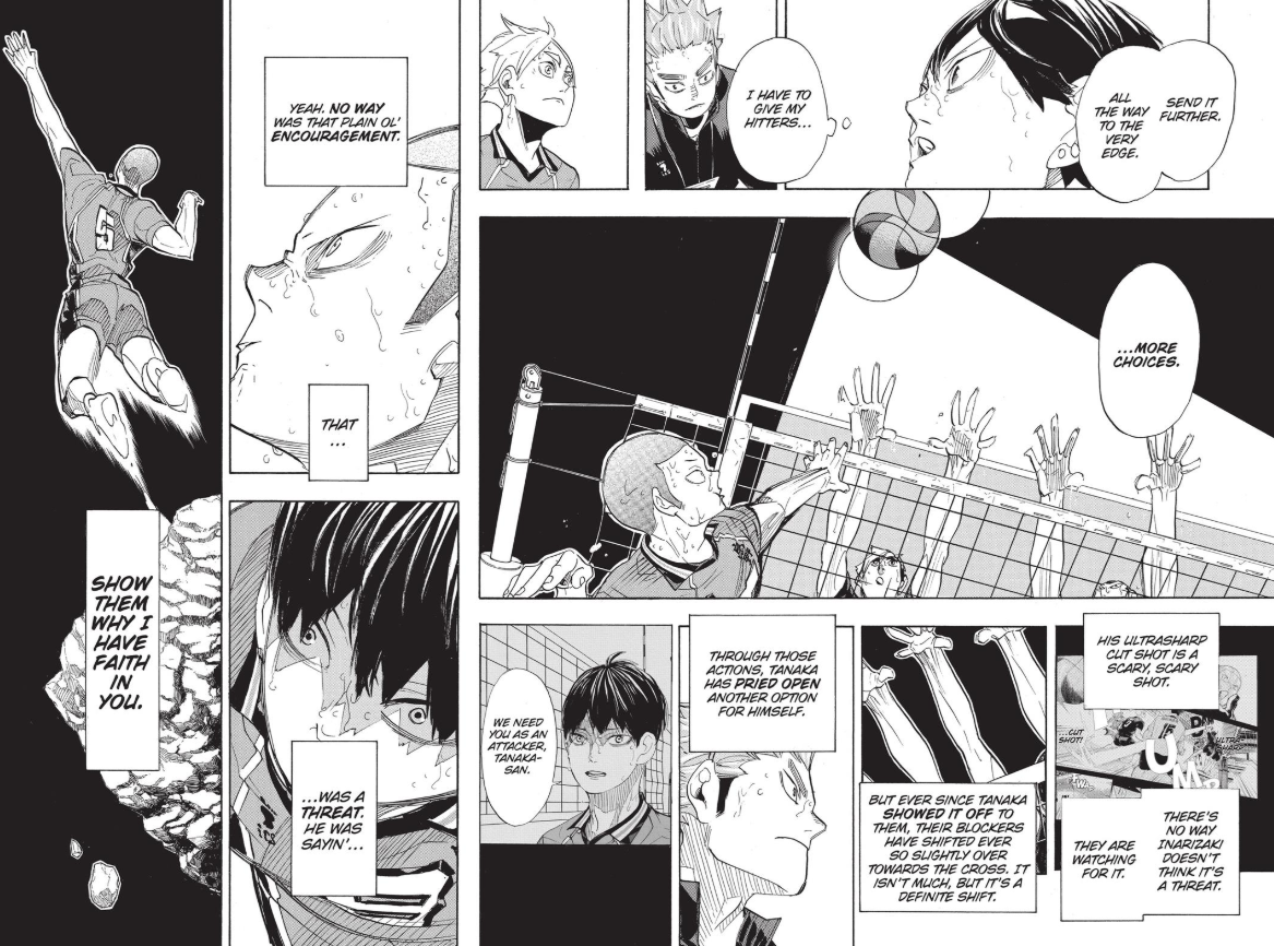 From this ch, Birth of the Quiet King, we see what kind of setter Kageyama has become: the setter who both has faith and expectations on his spikers.