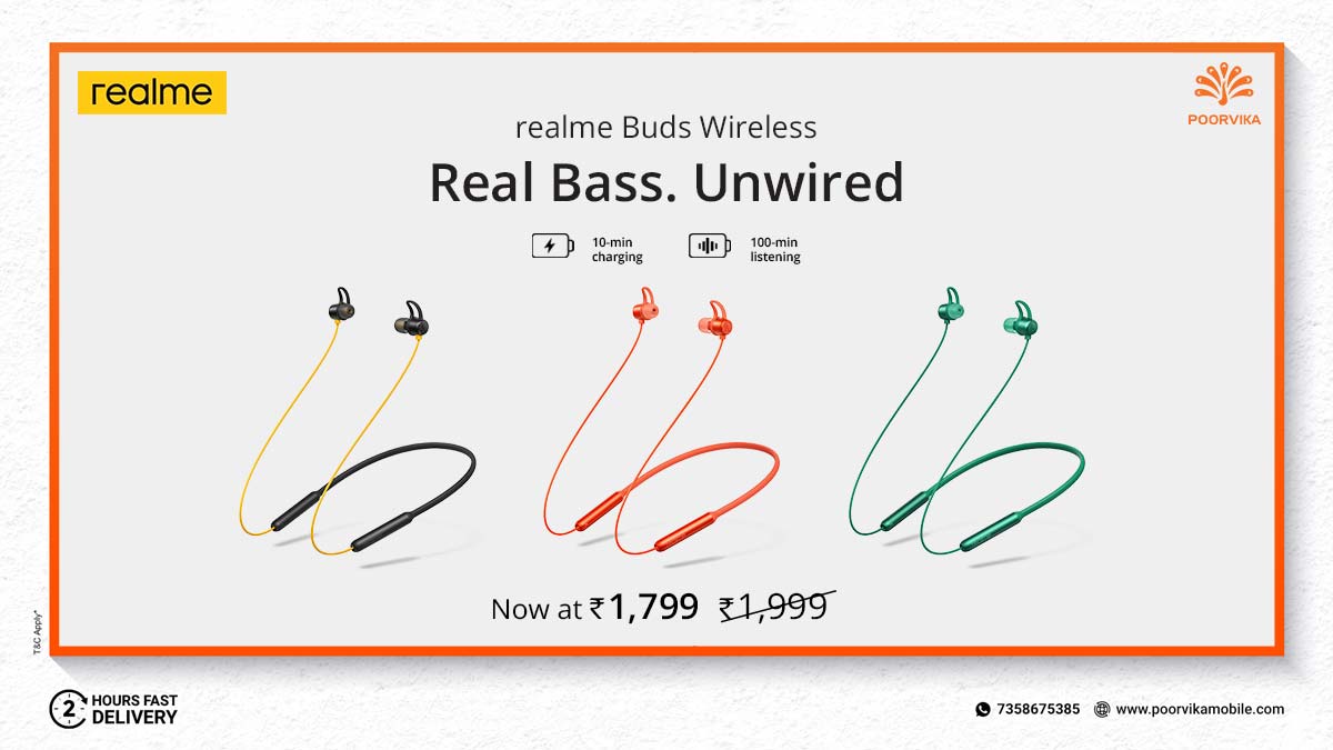 poorvika_india's tweet photo. Get 10 % OFF on #RealmeWireless Neckband. Own yours Now at Just Rs. 1,799 at #Poorvika & Experience the #RealBass in your Ears !
Shop now: https://t.co/AfEQPxkeo5
Get 5 hours* #Expressdelivery
#ShopOnline #Discount #Offer #DoorstepDelivery #FreeHomeDelivery #PriceDrop https://t.co/7NhooPU63D