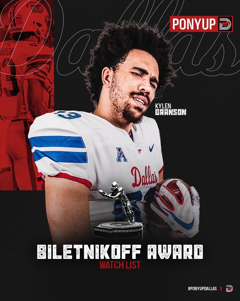 SMUFB's tweet photo. We’ve got 2️⃣ Mustangs on the Biletnikoff Award Watch List! #PonyUpDallas 

@theKCG18 ❕@TheKingReggie https://t.co/6LAyrkHyzo