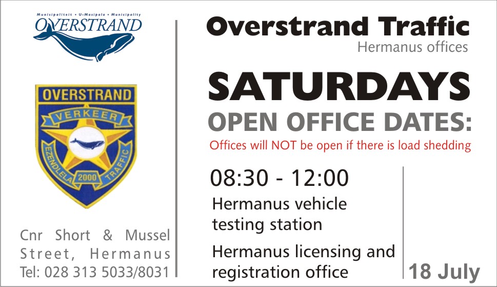Overstrand Muni On Twitter Hermanus Traffic Dept Will Be Open On Saturday 18 July 2020 From 08 30 12 00 If There Is No Loadshedding In Hermanus Motorists Will Be Allowed To Renew