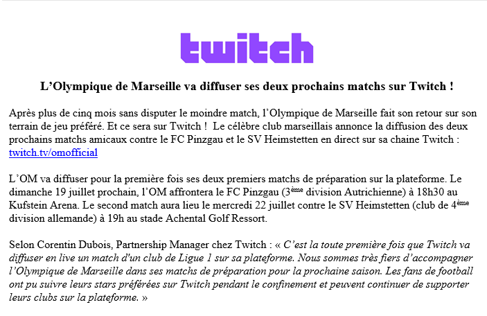 W_Chloe's tweet photo. L'Olympique de Marseille annonce que le club va diffuser ses deux prochains matchs amicaux... sur Twitch ! https://t.co/mlt7LNhZN2