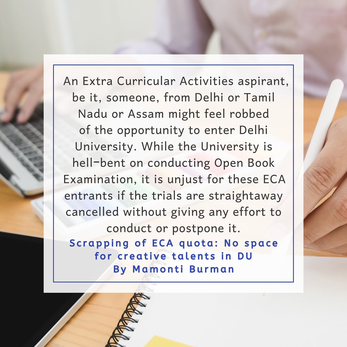 Tarseel1's tweet photo. Read it on the blog👇
https://t.co/93ARlNBXPY

Scrapping of ECA Quota: No Space for Creative Talents in DU 
By Mamonti Burman

#bringbackECA
#duadmissions
#delhiunviersity 
#dunews
#UGCCancelOnlineExams https://t.co/xbe50yDlf3