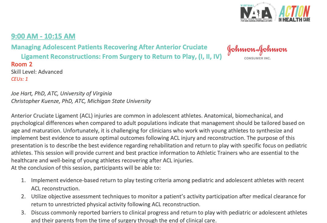UVAEaSIL's tweet image. Today is the final day of live content during #VNATA2020! Tune in to Room 2 at 9AM CDT for the symposium "Managing Adolescent Patients Recovering After Anterior Cruciate Ligament Reconstructions: From Surgery to Return to Play" led by faculty @JoeHartUVA &amp;amp; alumnus @kuenzech