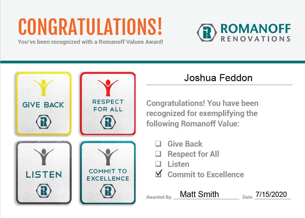 RomanoffReno_HR's tweet image. A huge shoutout to, Josh Feddon for being recognized for exemplifying the Core Value of Commitment to Excellence. "Thanks Josh, your contribution does not go unnoticed. I'm positive that I am not the only one that sees it." 👏 #RomanoffReno #InstallHappiness #Recognition