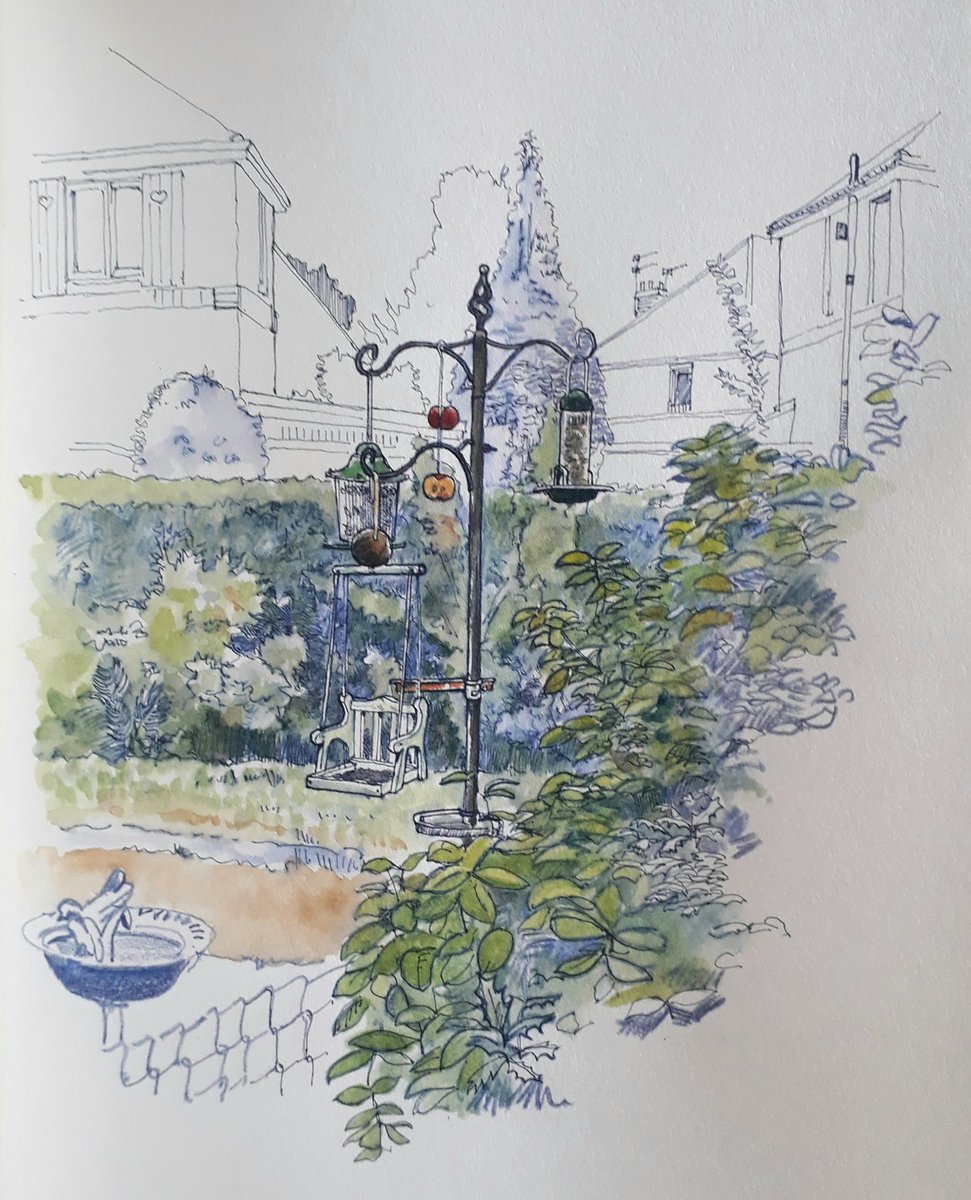 allantadams's tweet photo. Our young neighbour has enhanced the bird feeder, inspiring another #lockdown sketch. Blue non waterproof ink led me to add water,then colour. @IsaacsEd @Serlianna @Clare_Howard12 @Brodie_Toni #plannednotplanned #drawing #usk https://t.co/BFO1OEAwWo