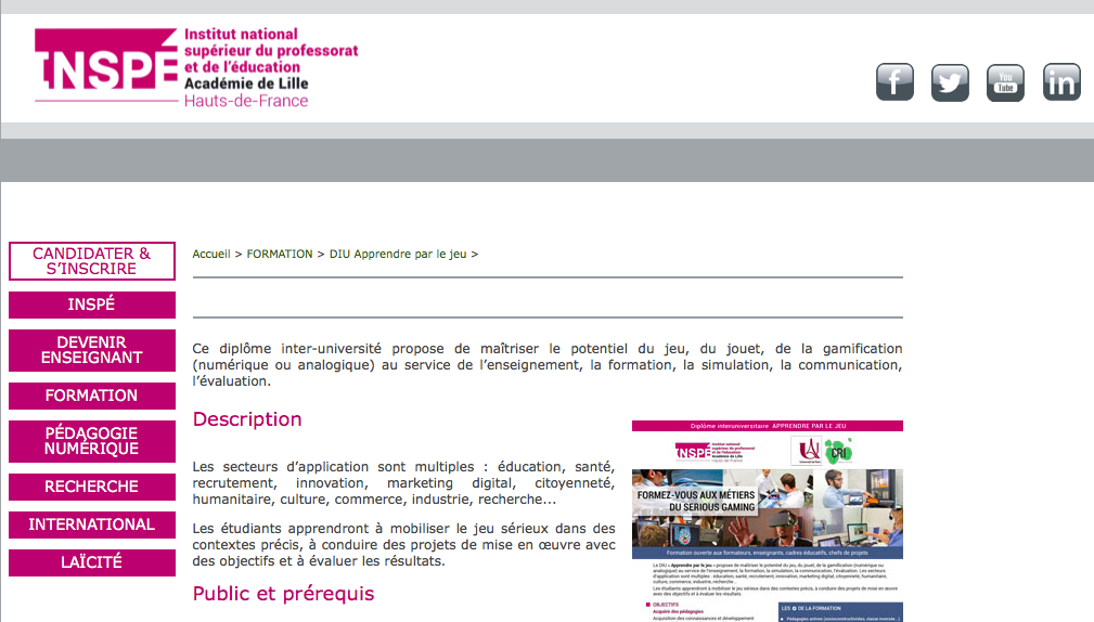 Les inscriptions au Diplôme Universitaire Apprendre Par Le Jeu (DU APLJ) 2020-2021 sont lancées ! 
inspe-lille-hdf.fr/spip.php?artic…

Plus d'informations : inspe-lille-hdf.fr/spip.php?artic…

#jeuxserieux #seriousgame #ludopedagogie #gamification #education #formation #pédagogie #formationcontinue