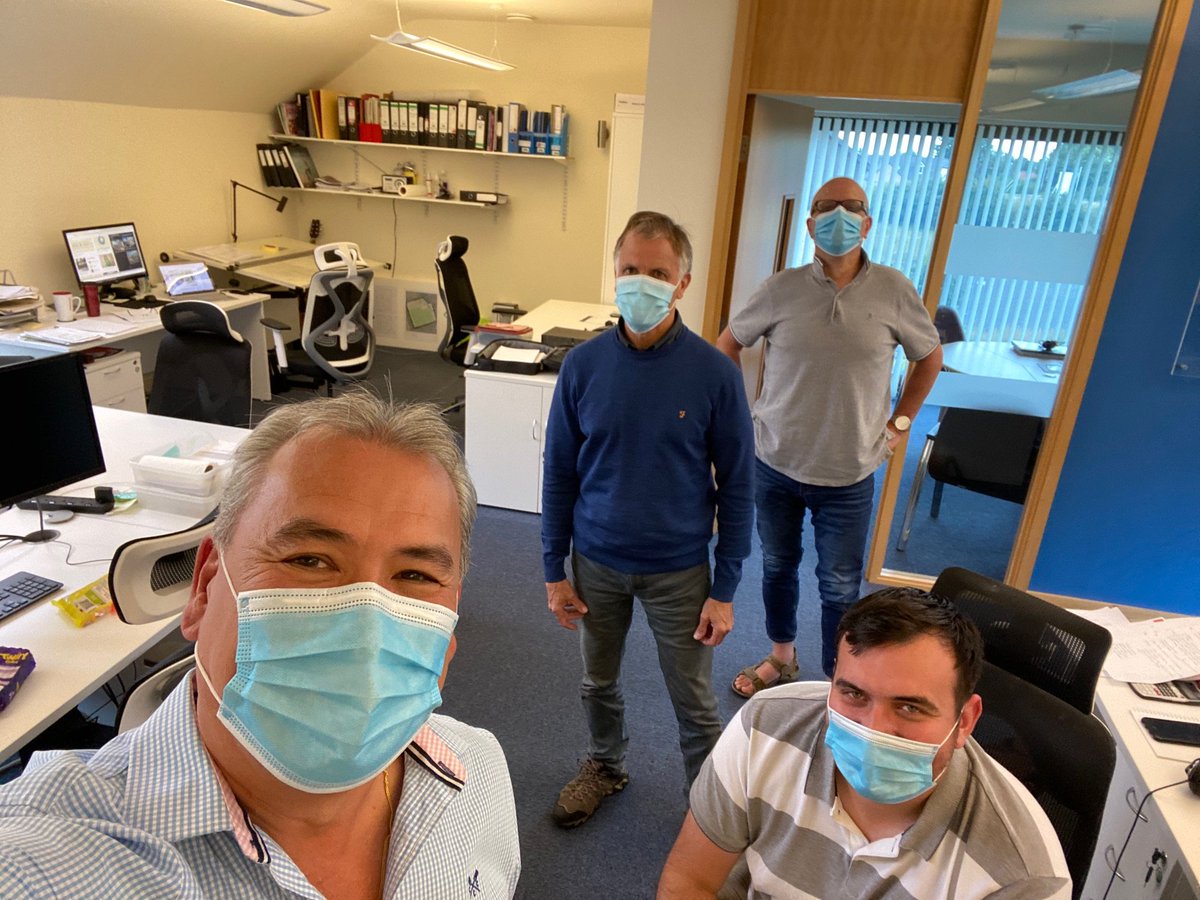 LK2_Group's tweet photo. #GNF We are back at LK2 HQ, safely of course! Here we have some of the team completing their outfits with this season's most popular accessory! #TeamLK2 #LK2Family #TheArtofthePossible @Dale_LK2 @Glenn_LK2 @Jonathan_LK2 @Paul_LK2 https://t.co/szbFOARJGe