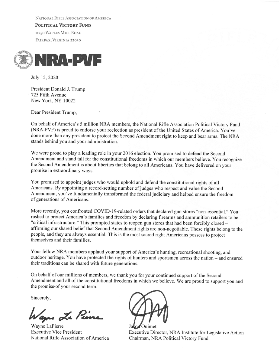 THANK YOU to the 5 million members of the @NRA for once again entrusting me with your FULL &amp; COMPLETE ENDORSEMENT! As long as I am President, I will ALWAYS protect our Great Second Amendment, and never let the Radical Left take away your Rights, your Guns, or your Police! @NRAPVF 