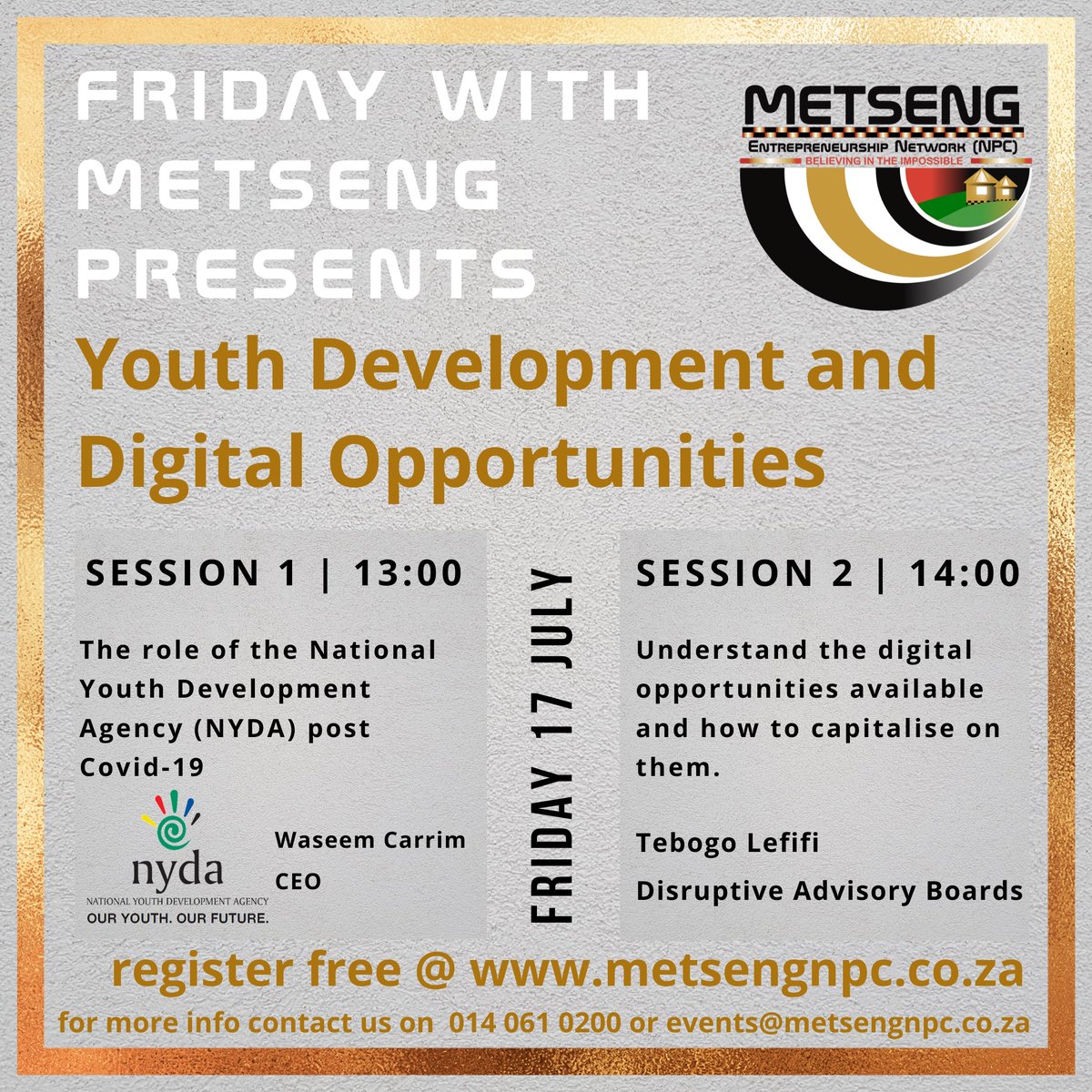 NYDARSA's tweet photo. Join NYDA CEO, Waseem Carrim tomorrow, 17 July 2020, as he unpacks the agency’s post #COVID19 response to youth development. 

Click on the link to register: https://t.co/U5RWq7dw6x 

@MetsengNPC 

#coronavirus 
#thursdayvibes https://t.co/scOK2CRVtl
