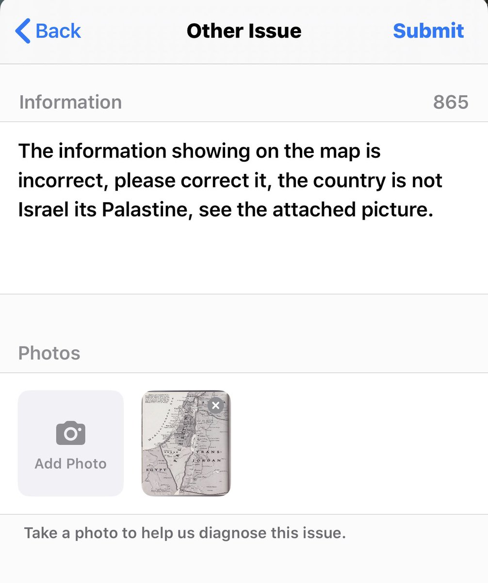KESRISEEBINAATS's tweet photo. ***Calling all iPhone users***

lets all do this, let’s report this as an issue to be corrected

Please retweet as much as you can
#Palestine https://t.co/EUKVzlkQR3