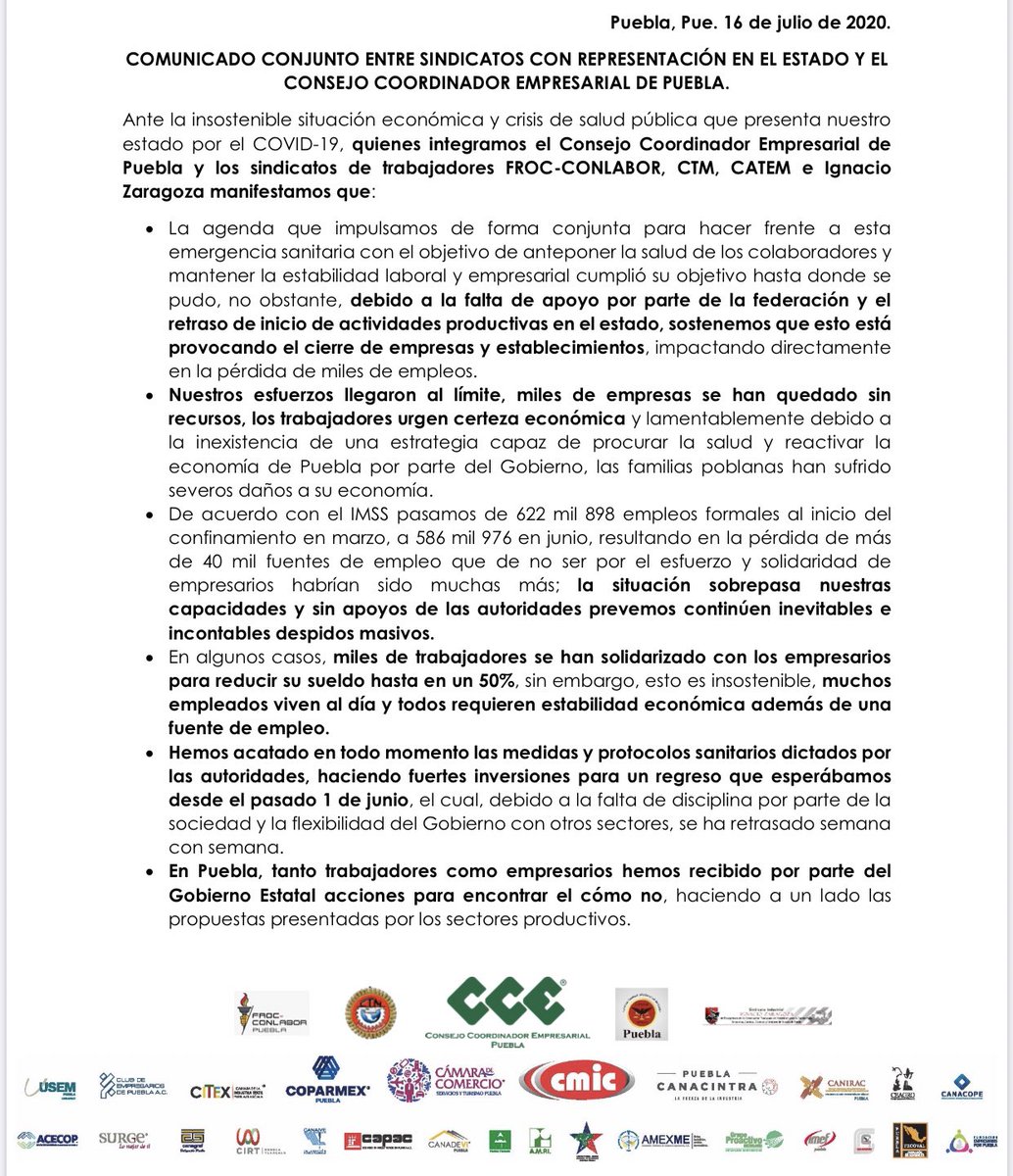 CCEPuebla's tweet photo. Es hora de sumar más que restar a los esfuerzos que #SectoresProductivos hemos hecho. No queremos privilegios, queremos objetividad en la toma de decisiones y estrategias que logren un #CómoSí. 
@MBarbosaMX, #Puebla demanda unidad para salir adelante y urge reactivar su economía. https://t.co/bMLC0FUxB6