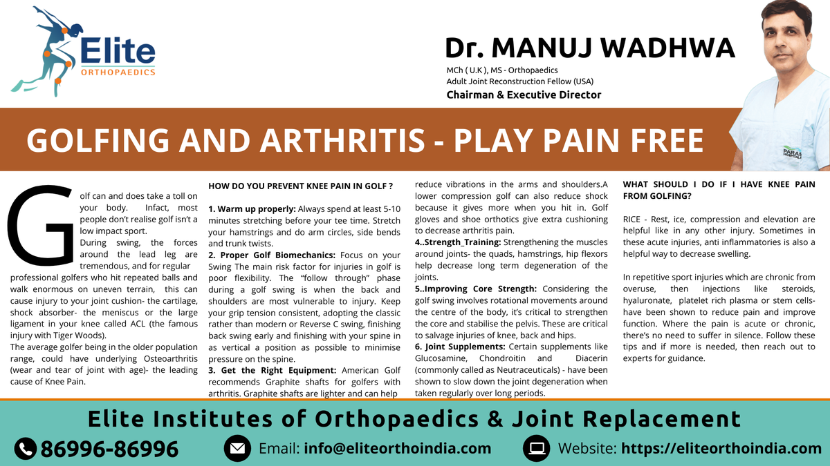 DrManujWadhwa's tweet photo. Golfing &amp; #Arthritis -Play Pain Free

Most people don’t realise golf isn’t a low impact sport. If the pain is acute / chronic, there’s no need to suffer in silence

Call 86996-86996

#KneeReplacement #BestOrthopaedicsSurgeon #BestKneeReplacement #DrManujWadhwa #EliteOrthopaedics https://t.co/0G19zIxymm