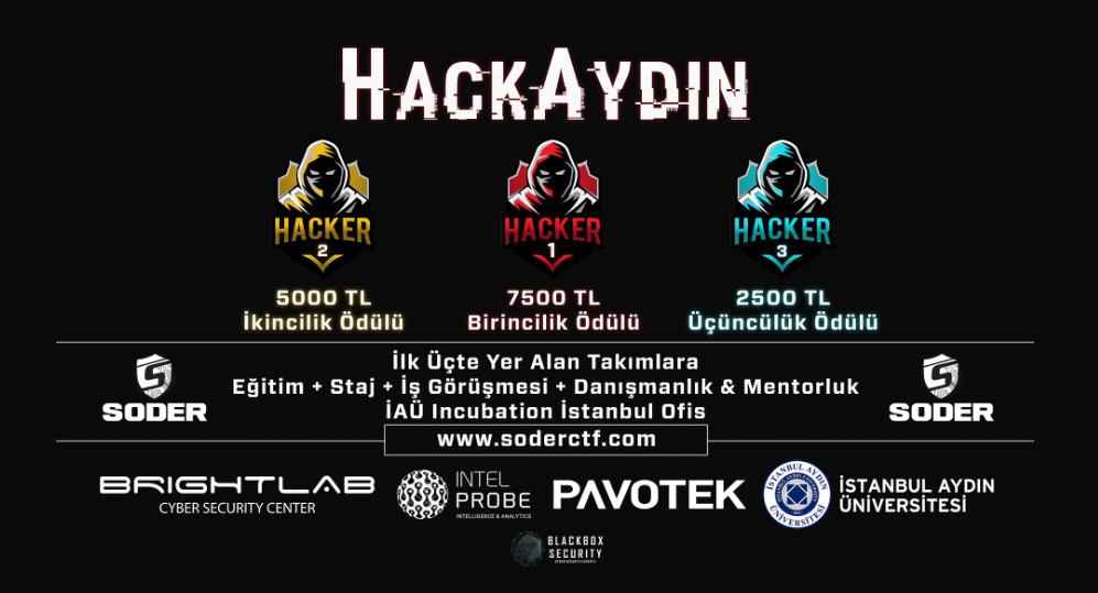 HackAydın Hackathonu'nu Siber Güvenlik Farkındalığı oluşturmak ve Covid-19 süresince sistemlerdeki güvenlik açıklarına dikkat çekmek amacıyla gerçekleştirilecektir. Detayları ve başvuru formuna soderctf.com adresinden ulaşabilirsiniz.Son Başvuru: 24 Temmuz #HackAydın