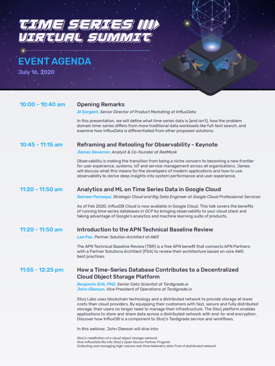 devopsdotcom's tweet photo. Join us at 10am EDT for Time Series Virtual Summit. Partners from #AWS, #GoogleCloud, #Nortal, #Tignis, #Tardigrade, and #InfluxData will share their experiences with practical applications of Time Series Data. Register at: https://t.co/CJT5spWFPo #timeseriessummit #Prometheus https://t.co/aXafga1MXG