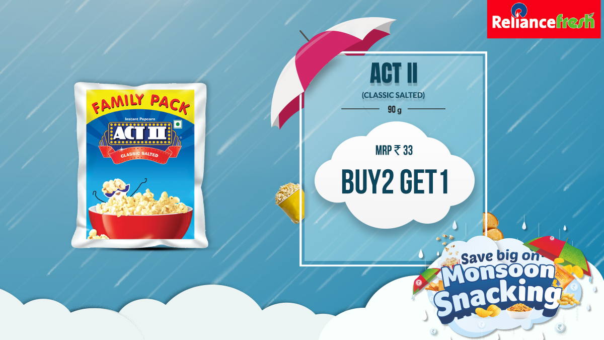 RelianceFreshIN's tweet photo. Get snacking with lip smacking #MonsoonSnacking offers. Now buy 2 Act II Popcorn and get 1 Free at #RelianceFresh. https://t.co/ggdoZqxOrC