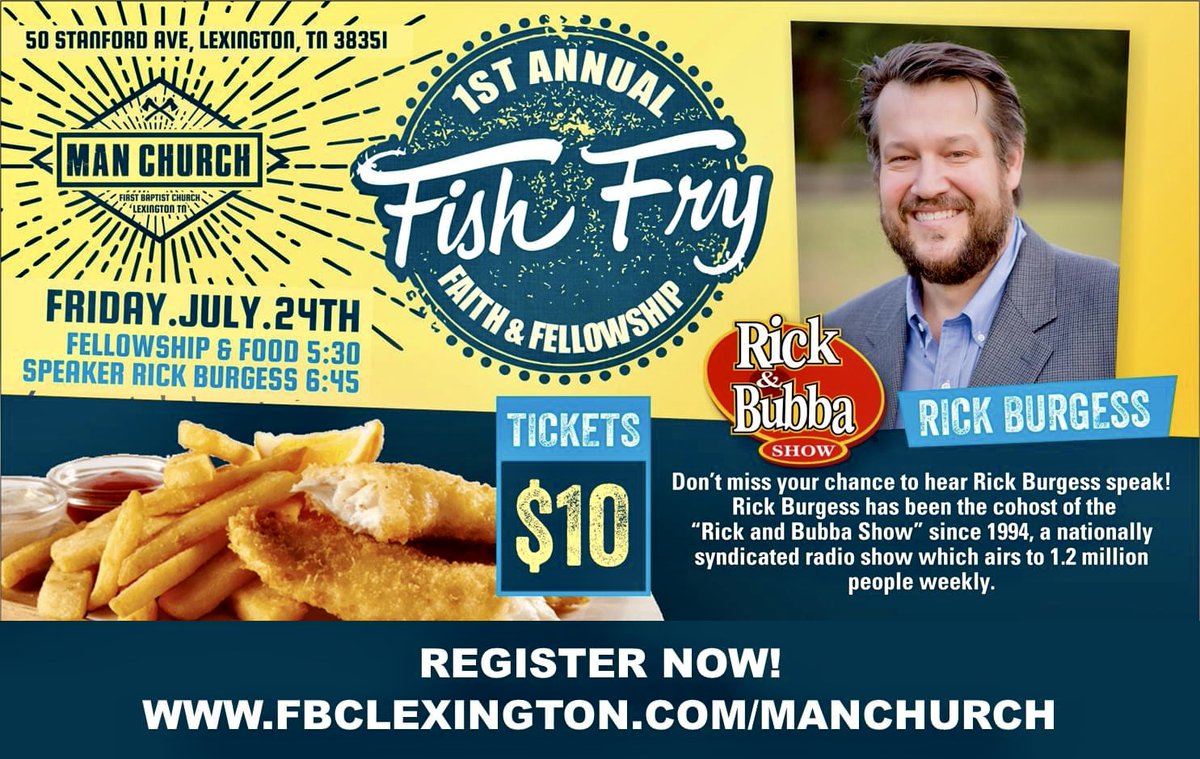 FBC Lexington (@fbclextn) on Twitter photo Register today to hear <a href="/bigvox/">rick burgess</a> Rick Burgess from the @rickandbubba show at the MAN Church fish fry <a href="/fbclextn/">FBC Lexington</a> Friday, July 24th! Register here: fbclexington.com/manchurch to be at this event Register today to hear <a href="/bigvox/">rick burgess</a> Rick Burgess from the @rickandbubba show at the MAN Church fish fry <a href="/fbclextn/">FBC Lexington</a> Friday, July 24th! Register here: fbclexington.com/manchurch to be at this event