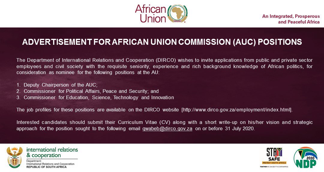 DIRCO_ZA's tweet photo. [VACANCY]: DIRCO wishes to invite applications from the public and private sector employees and civil society with the requisite seniority, experience for consideration for the following positions at the #AU Commission.

For more information: ➡️ https://t.co/joXAOBDJnV https://t.co/wkoIVbq2HF