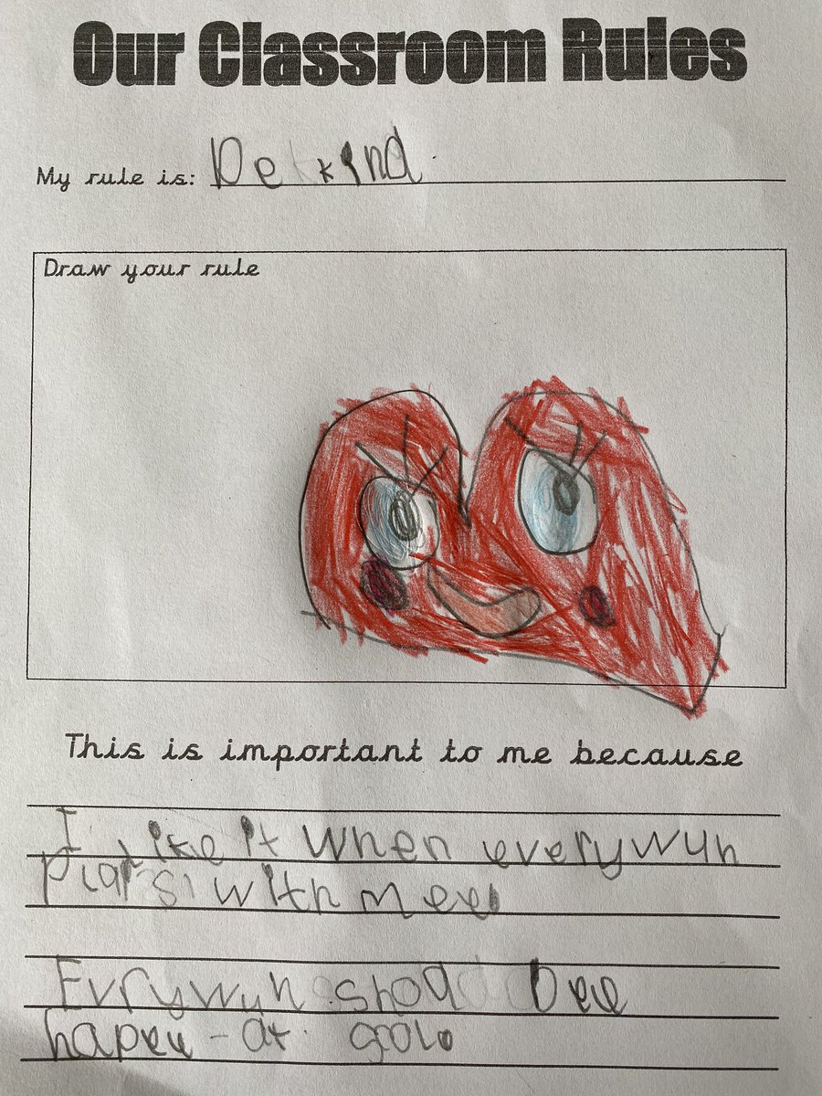 KellyMonk17's tweet photo. @ScrivenerMrs Freya found it tricky to choose just one rule that she felt was important but settled on Be Kind ♥️ https://t.co/awiaJmzZmI