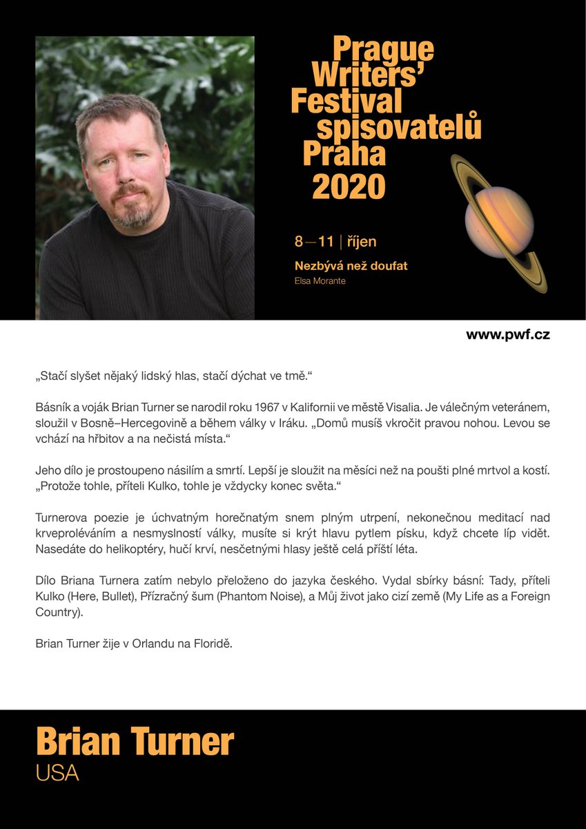 Festivalspisova's tweet photo. Pro básníka Briana Turnera je válka přirozeným stavem člověka. Zakloňte se a dívejte se zpříma: Brian Turner přijíždí na Festival spisovatelů Praha.
•
For a poet Brian Turner, war is the natural state of man. Lean back and look hard, Brain Turner appears at the PWF. https://t.co/GZJyCvWezI