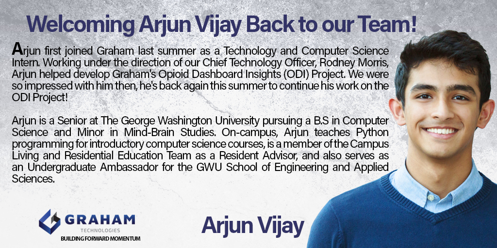 GrahamTech's tweet photo. Our team would like to introduce our Technology and Computer Science Intern. Arjun Vijay is currently a Computer Science Senior at The George Washington University. He has worked with our team since Summer 2019.
Welcome back to GTech!
#GTech #CSIntern https://t.co/LcjTaOmDlk