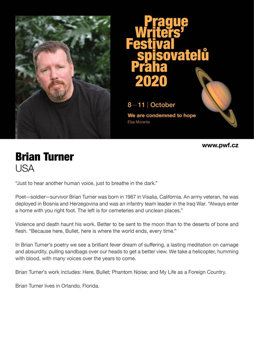 Festivalspisova's tweet photo. Pro básníka Briana Turnera je válka přirozeným stavem člověka. Zakloňte se a dívejte se zpříma: Brian Turner přijíždí na Festival spisovatelů Praha.
•
For a poet Brian Turner, war is the natural state of man. Lean back and look hard, Brain Turner appears at the PWF. https://t.co/GZJyCvWezI