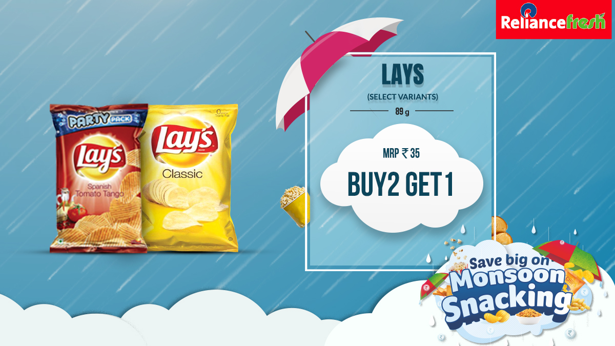 RelianceFreshIN's tweet photo. The perfect days to buy Lays are here! Now buy 2 packs Lays and get one absolutely free at the #MonsoonSnacking sale at #RelianceFresh https://t.co/imKfnBJPLk
