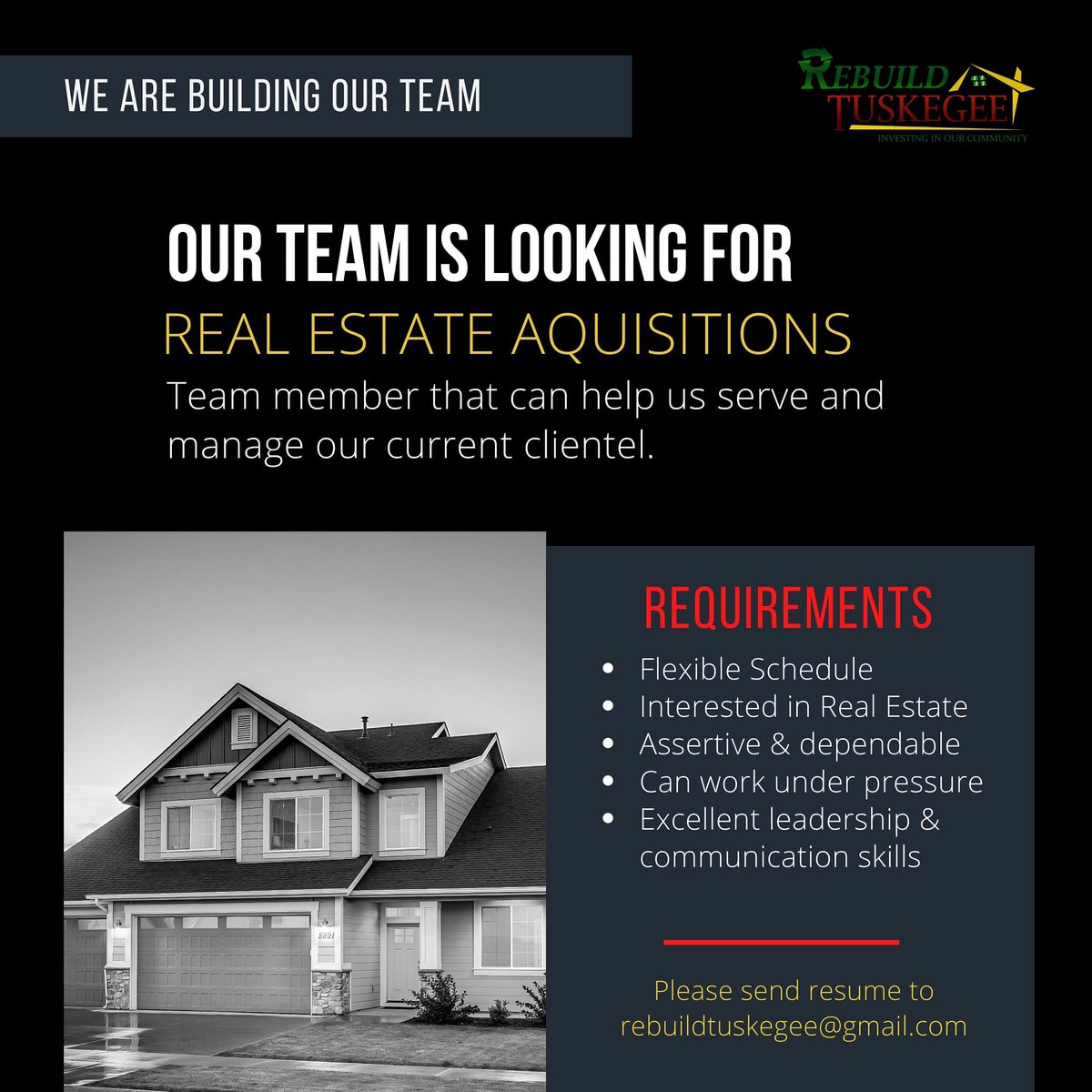 RebuildTuskegee's tweet photo. Interested in real estate? Join Rebuild Tuskegee. Send us your resume! #Rebuildllc #RebuildTuskegee #RealEstate https://t.co/IEBOSEFiYx