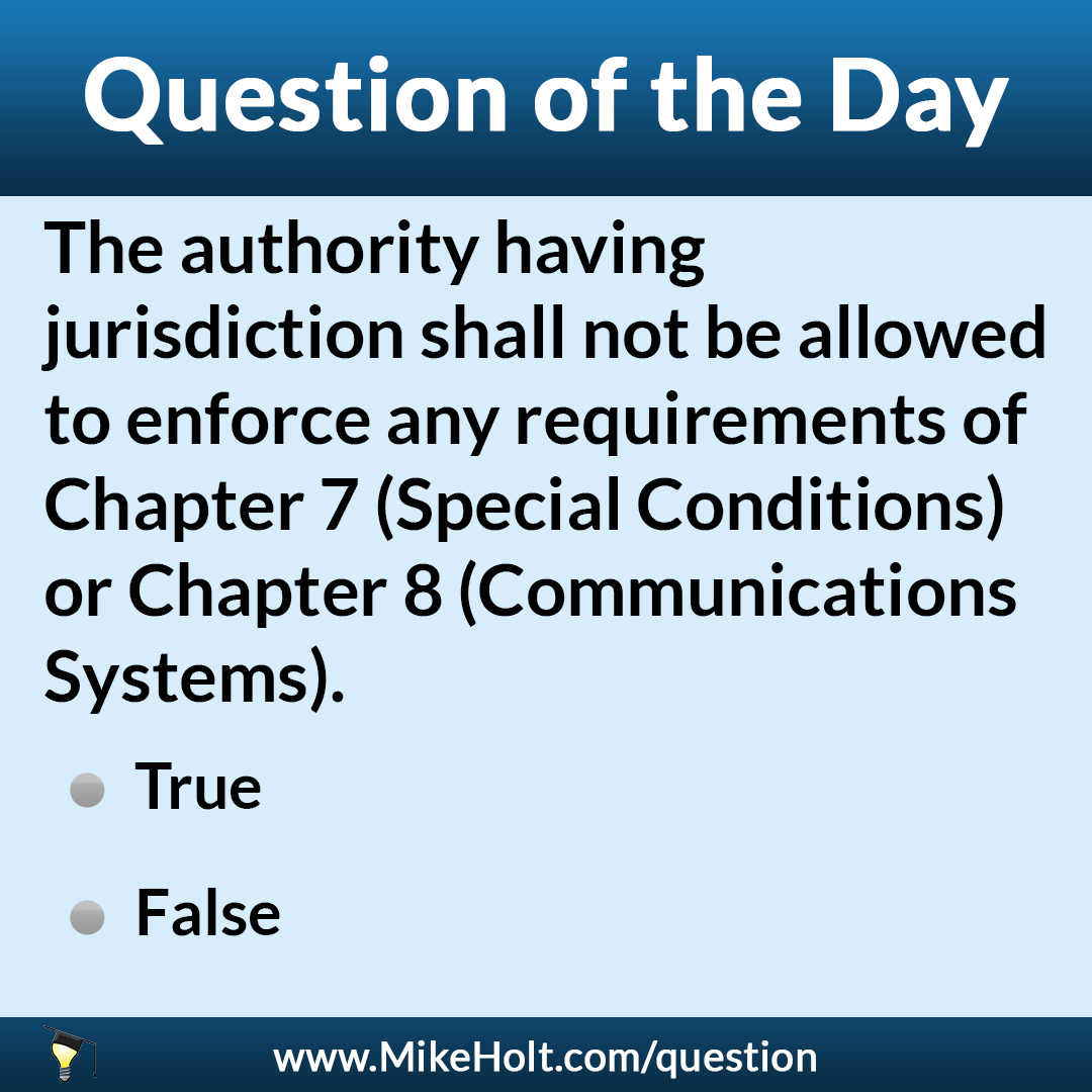 MikeHoltNEC's tweet photo. Check out our daily Code question! Know the answer? Submit it at https://t.co/hrPYhFCwAl.
#CodeQuestion #2020NEC #ElectricalTraining #ElectricalEducation https://t.co/LDvt5tGHMY