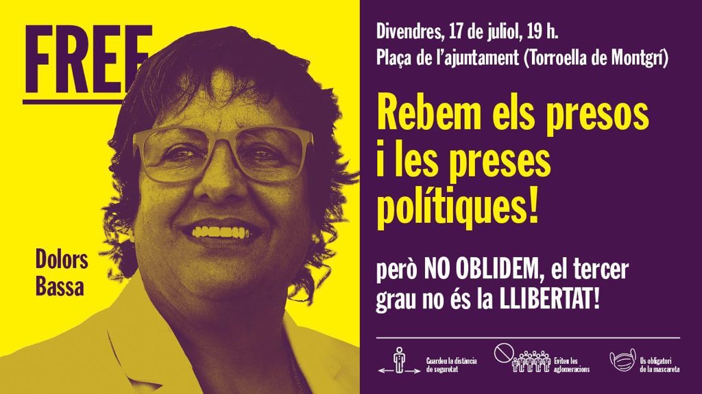 joanmargall's tweet photo. Demà a la tarda rebem a la @dolorsbassac a Torroella. No oblidem que el tercer grau no és la llibertat. La volem lliure! Tothom a Plaça, com en les grans ocasions! https://t.co/DMM7NDEIZN