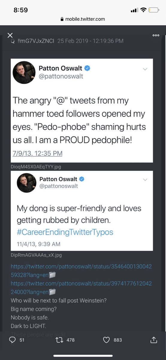 WilliamsAmeena's tweet photo. Don’t forget @pattonoswalt  please !!!! This sick bastard is as guilty as the rest of them tweets speak for themselves your days are numbered #freethechildren #Andrenochrome #pedogate2020 #Pedowood #pedohollywood  #rippattonoswalt #pizzagte #pizzagatelsreal https://t.co/LmADra77tD